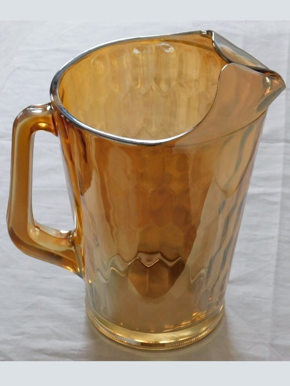 Vintage Jeannette Glass Carnival Hex Optic Honeycomb Water Pitcher Marigold